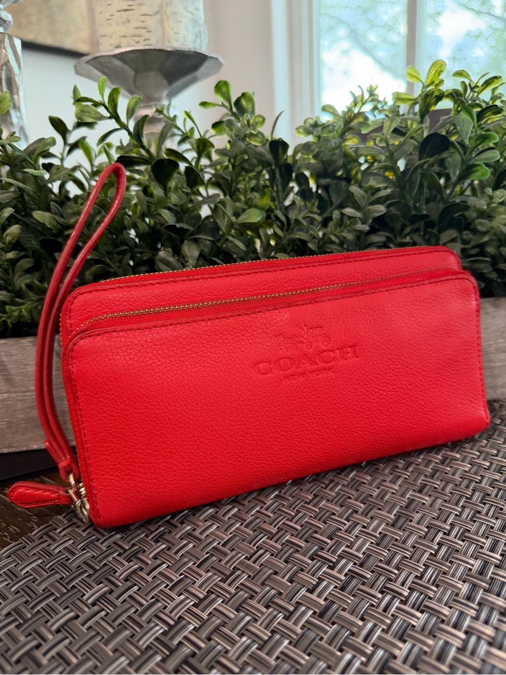Coach Double Accordion Red Leather Zip Wristlet Wallet